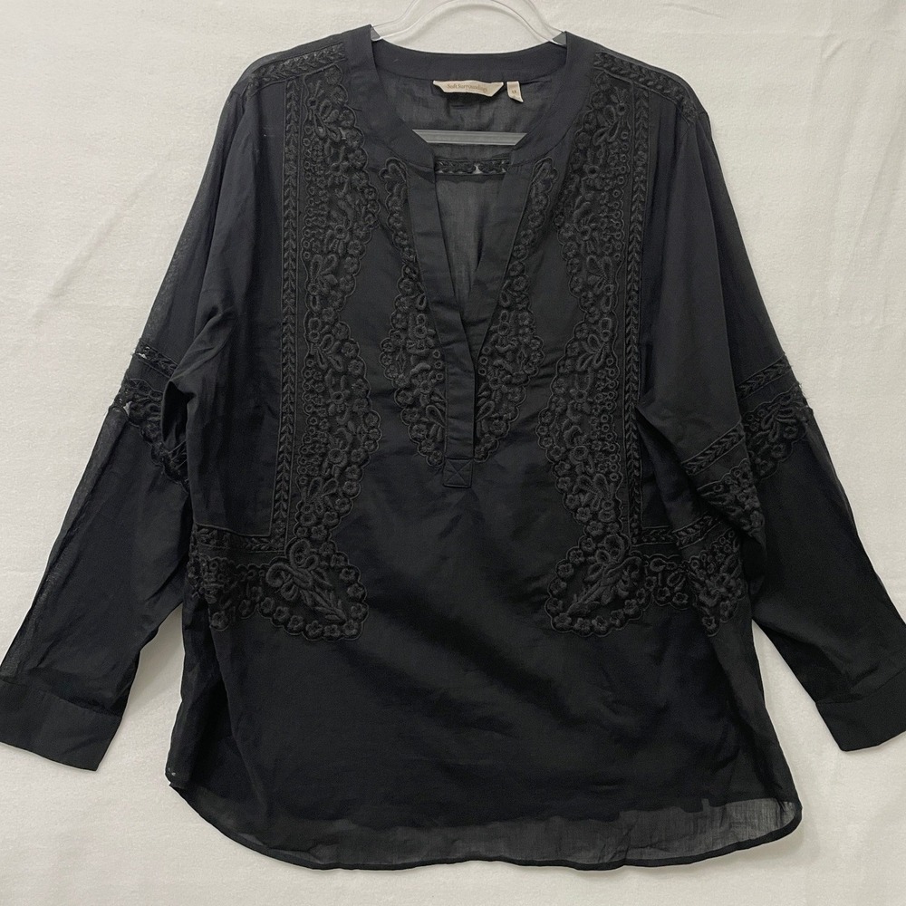 Soft Surroundings Top 1X Black Embroidered Floral Cotton Long Sleeve Popover